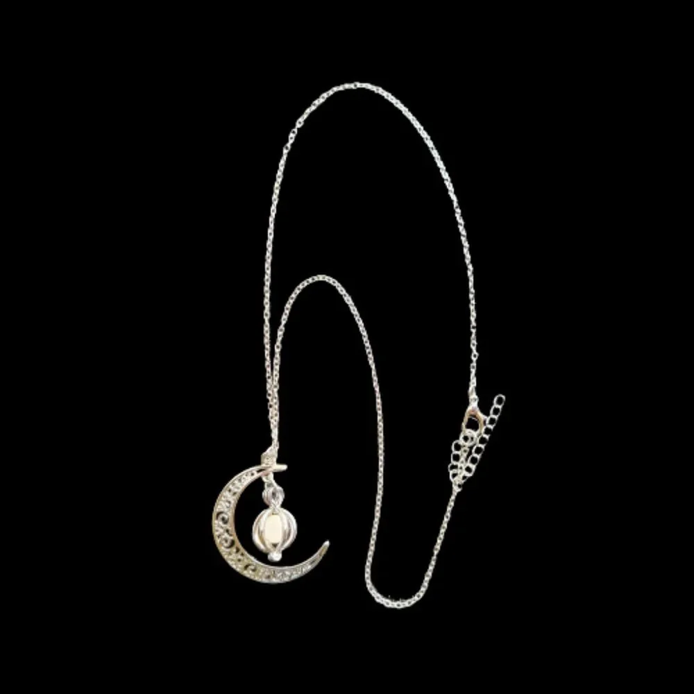 Crescent Moon with Luminous Caged Light Green Glowing Orb Pendant Silver Chain - Picture 4 of 12